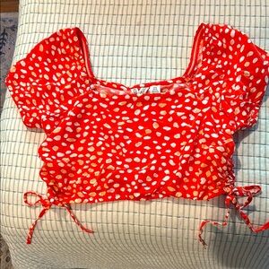 Roxy Red and White Puff Sleeve Crop Blouse